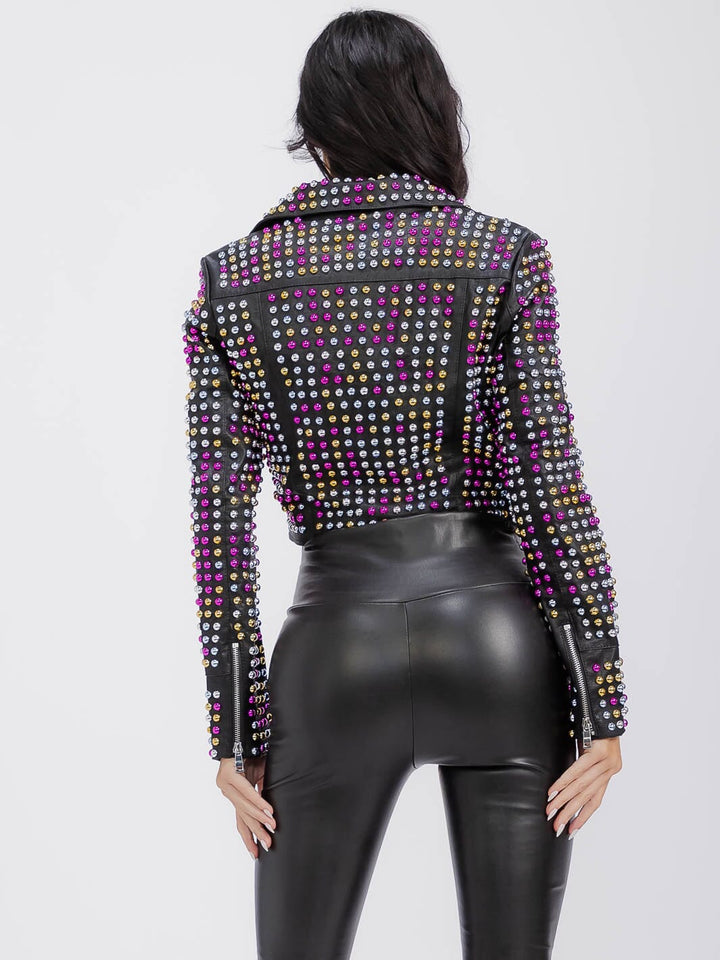 WOMEN'S LONG SLEEVE ZIPPER CLOSURE FRONT POCKETS PU PLEATHER MULTI STUDS JACKET