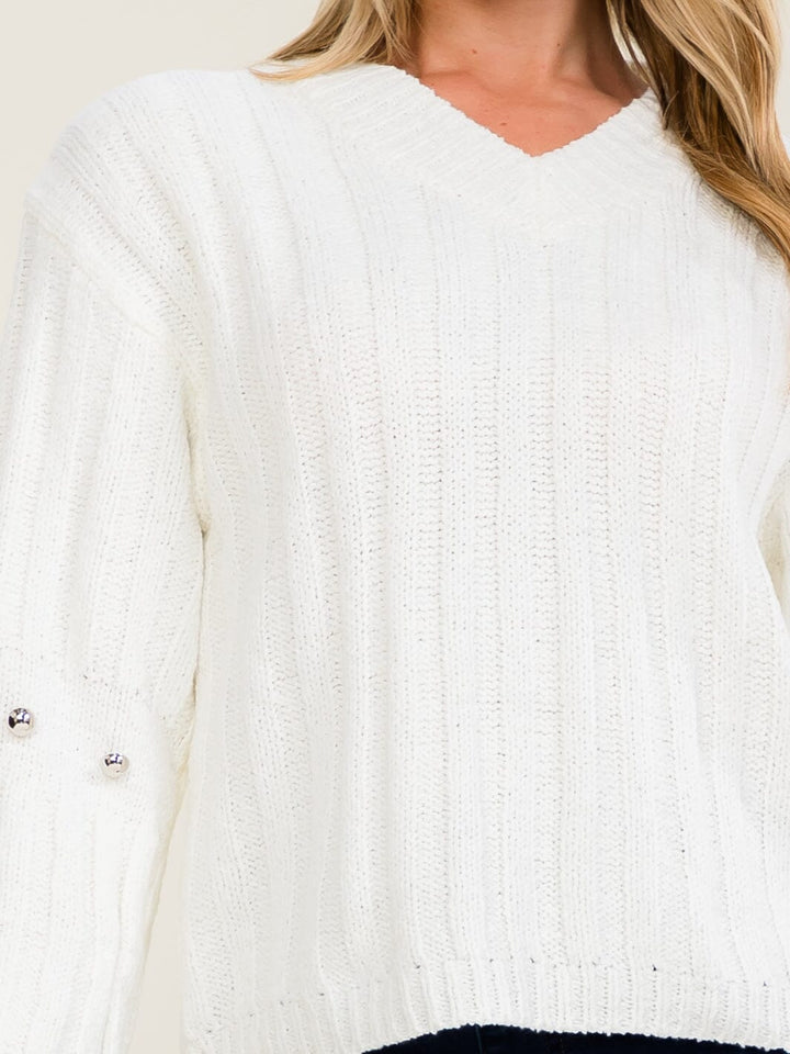 WOMEN'S LONG SLEEVE V-NECK RIBBED PULLOVER SWEATER
