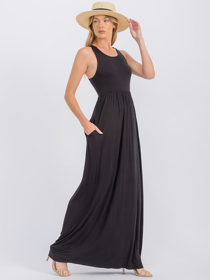 WOMEN'S SLEEVELESS ELASTIC WAIST FRONT POCKETS MAXI DRESS