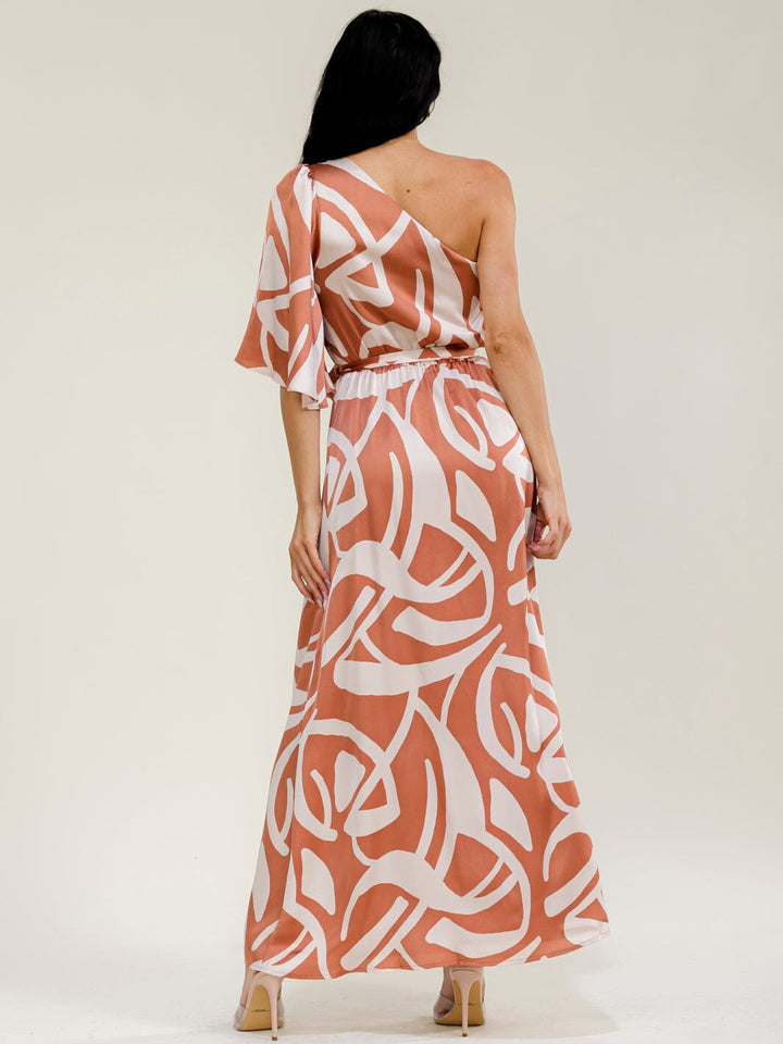 WOMEN'S ONE SHOULDER ELASTIC WAIST MULTI PRINT MAXI DRESS
