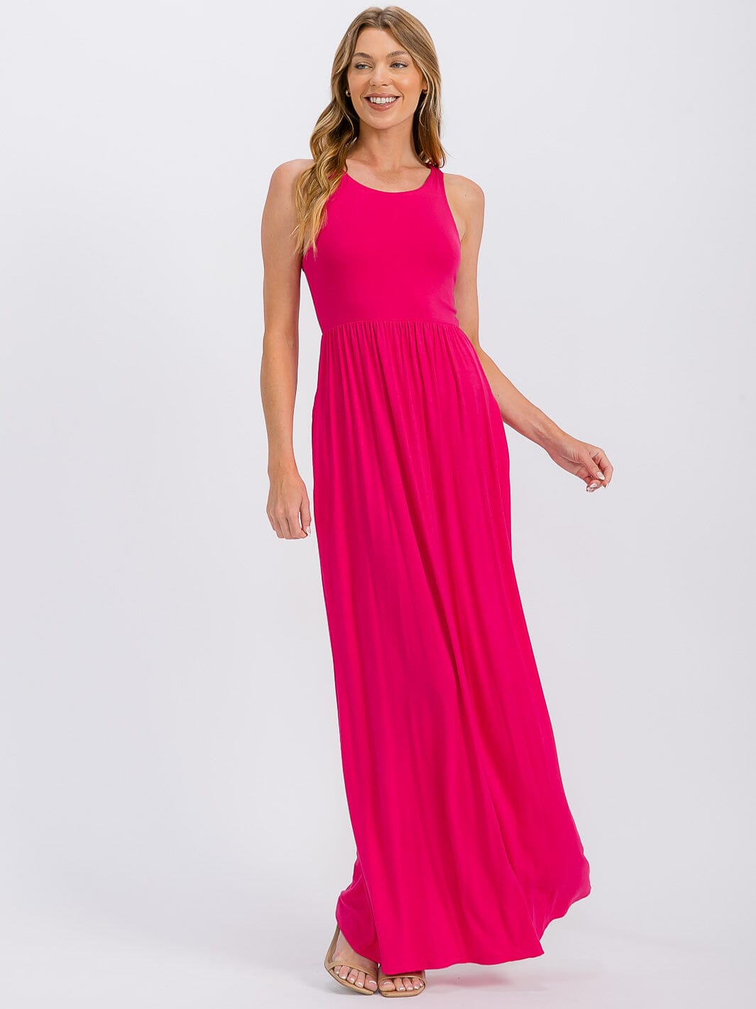 WOMEN'S SLEEVELESS ELASTIC WAIST FRONT POCKETS MAXI DRESS