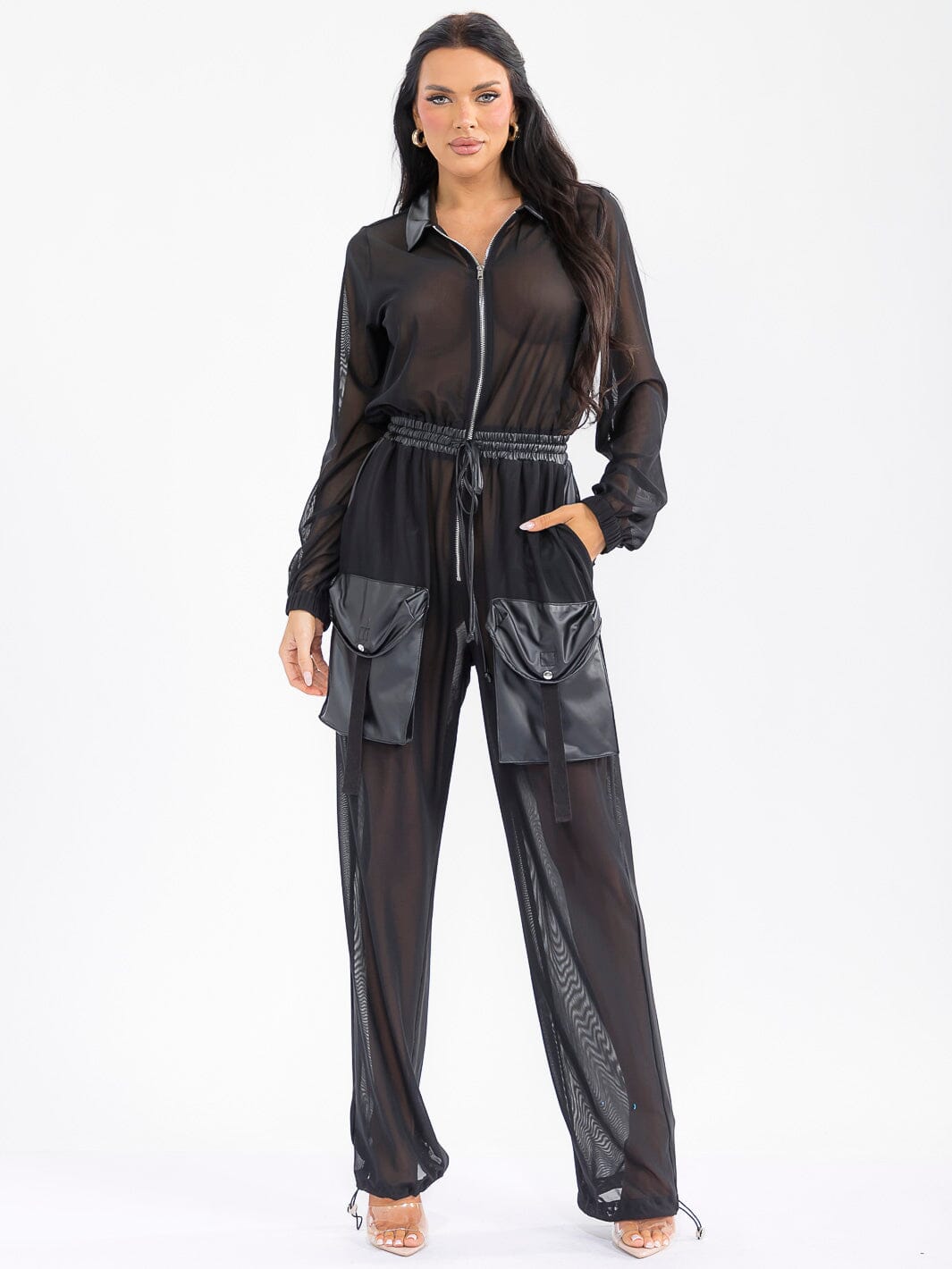 WOMEN'S LONG SLEEVE ZIP UP POCKETS ELASTIC WAIST MESH CONTRAST JUMPSUIT