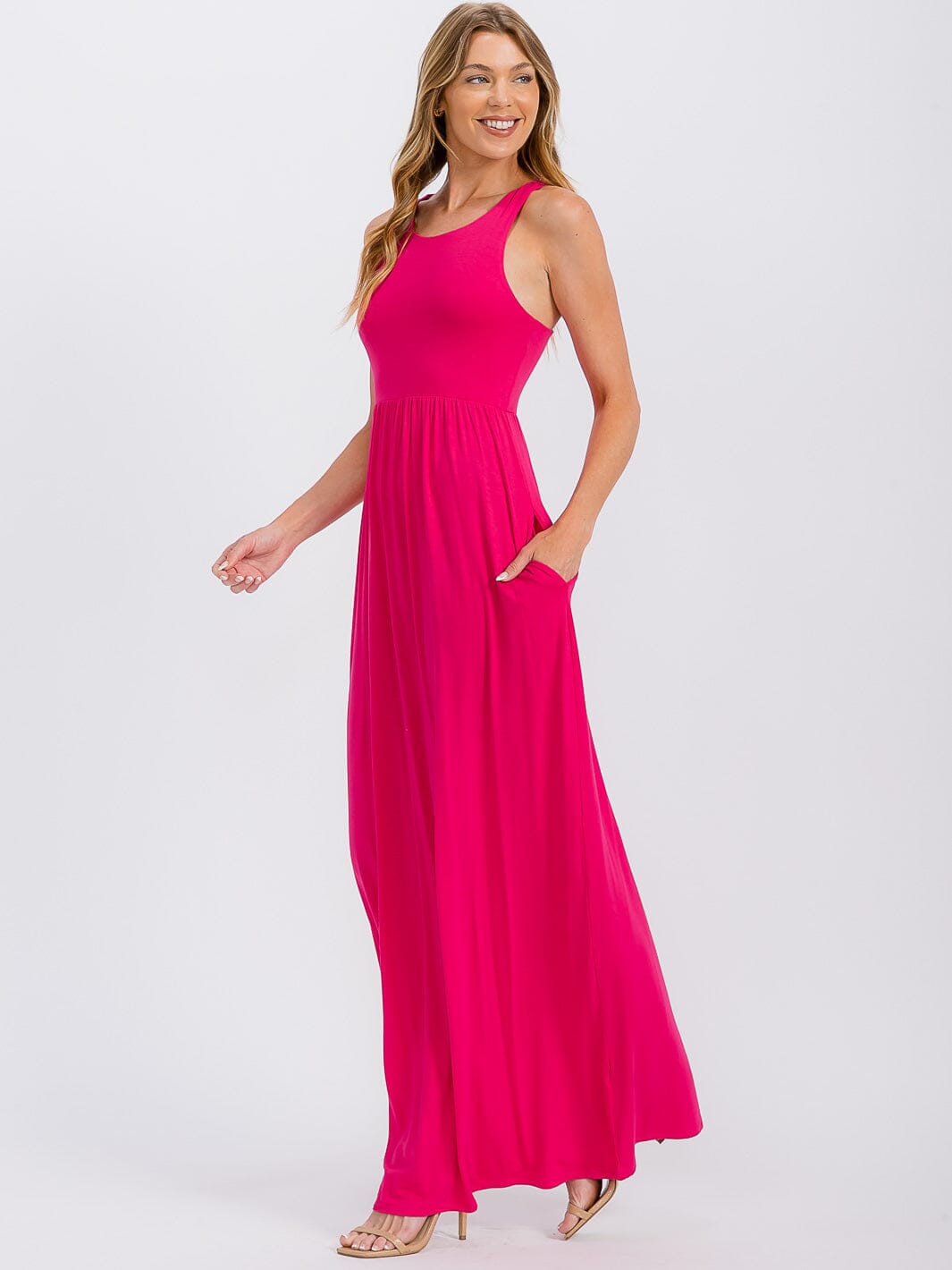 WOMEN'S SLEEVELESS ELASTIC WAIST FRONT POCKETS MAXI DRESS