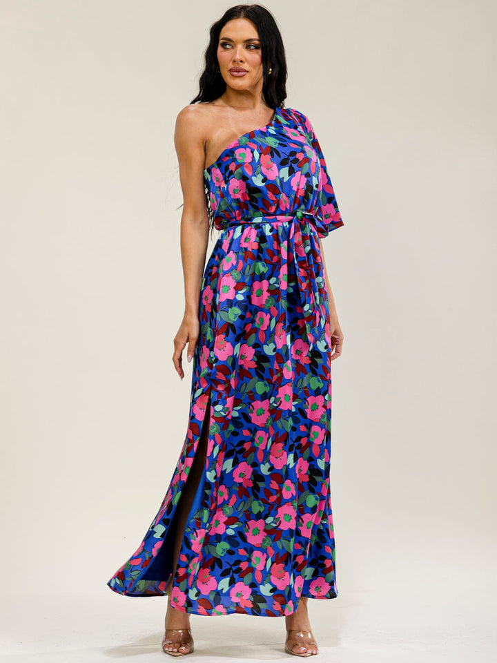 WOMEN'S ONE SHOULDER ELASTIC WAIST FLORAL PRINT MAXI DRESS