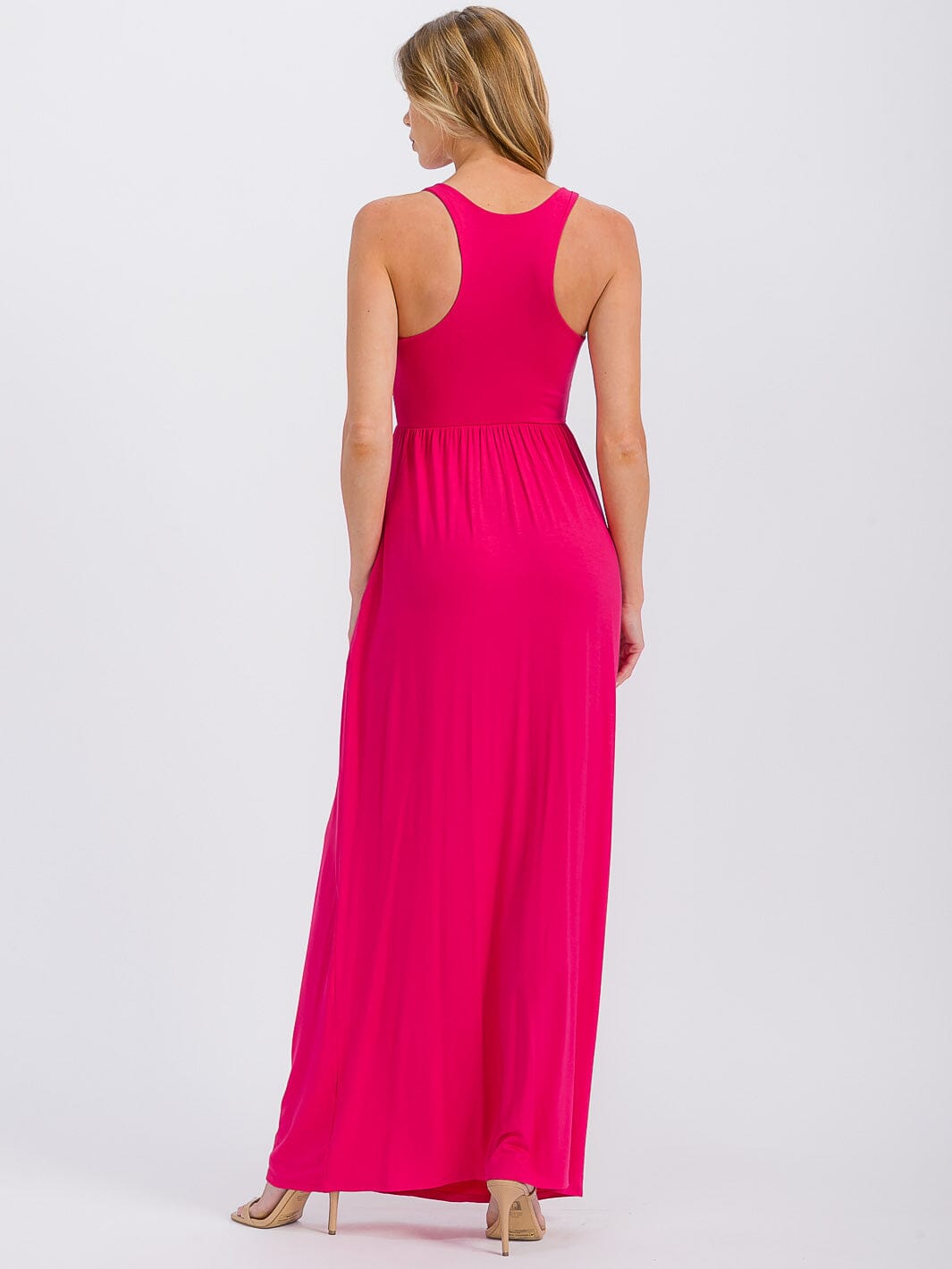 WOMEN'S SLEEVELESS ELASTIC WAIST FRONT POCKETS MAXI DRESS