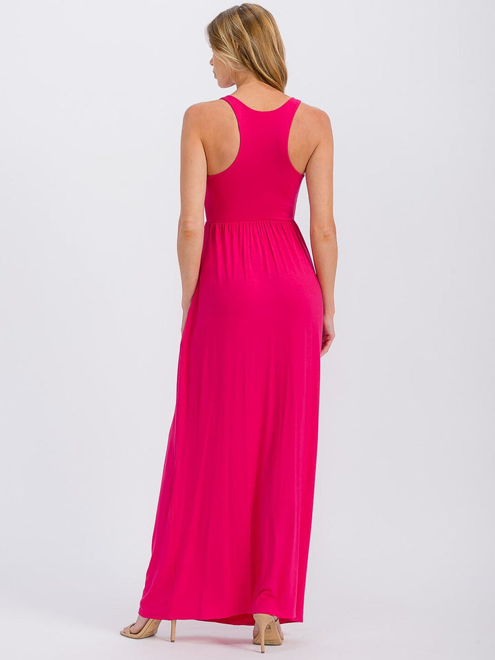 WOMEN'S SLEEVELESS ELASTIC WAIST FRONT POCKETS MAXI DRESS