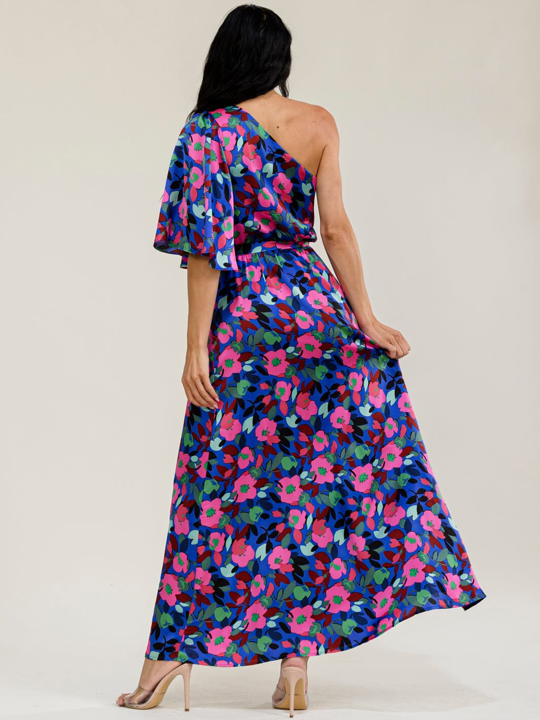 WOMEN'S ONE SHOULDER ELASTIC WAIST FLORAL PRINT MAXI DRESS