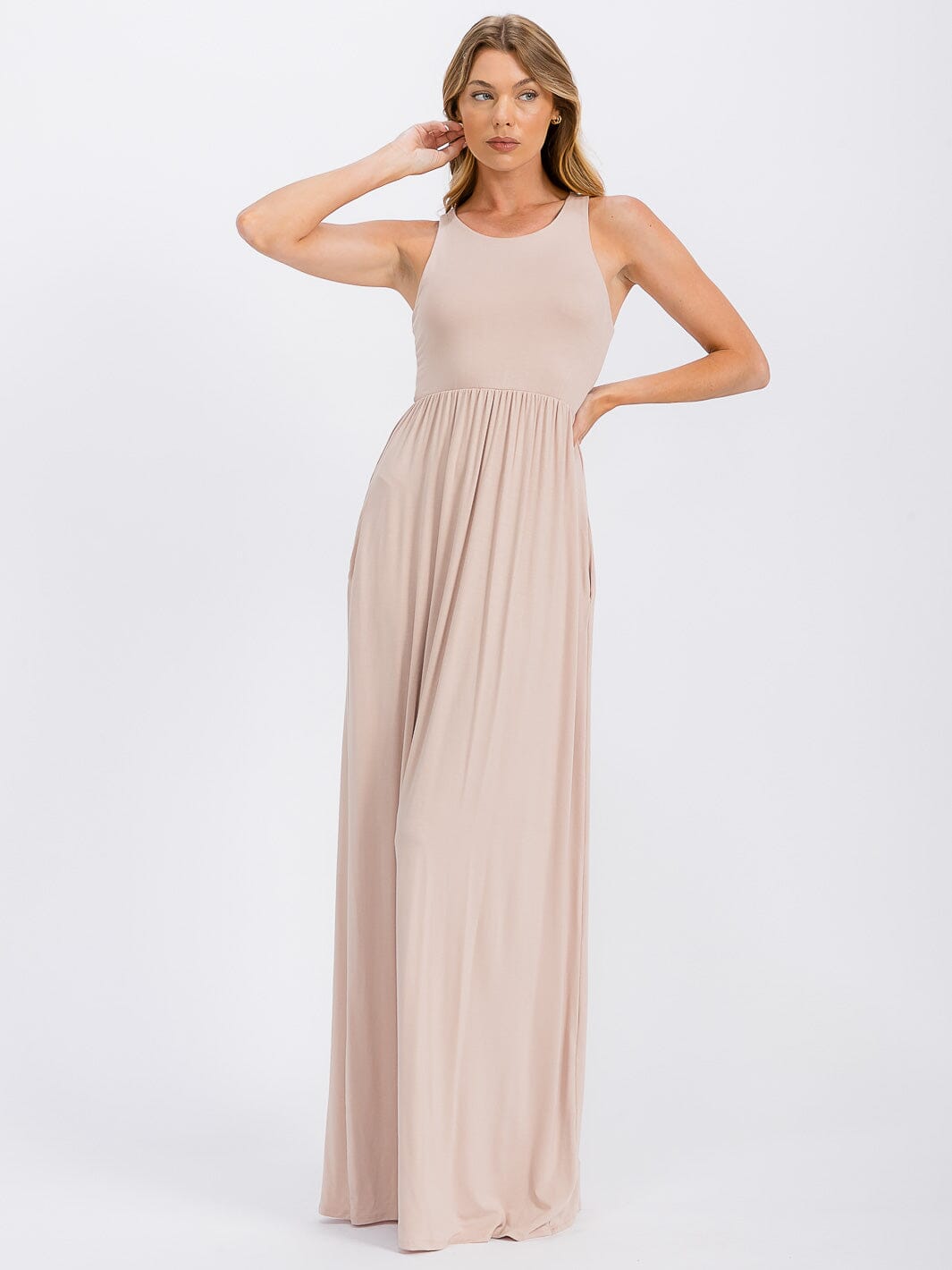 WOMEN'S SLEEVELESS ELASTIC WAIST FRONT POCKETS MAXI DRESS