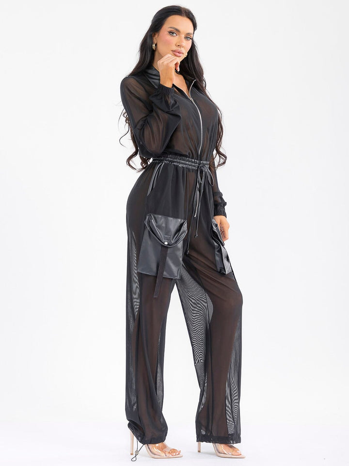 WOMEN'S LONG SLEEVE ZIP UP POCKETS ELASTIC WAIST MESH CONTRAST JUMPSUIT