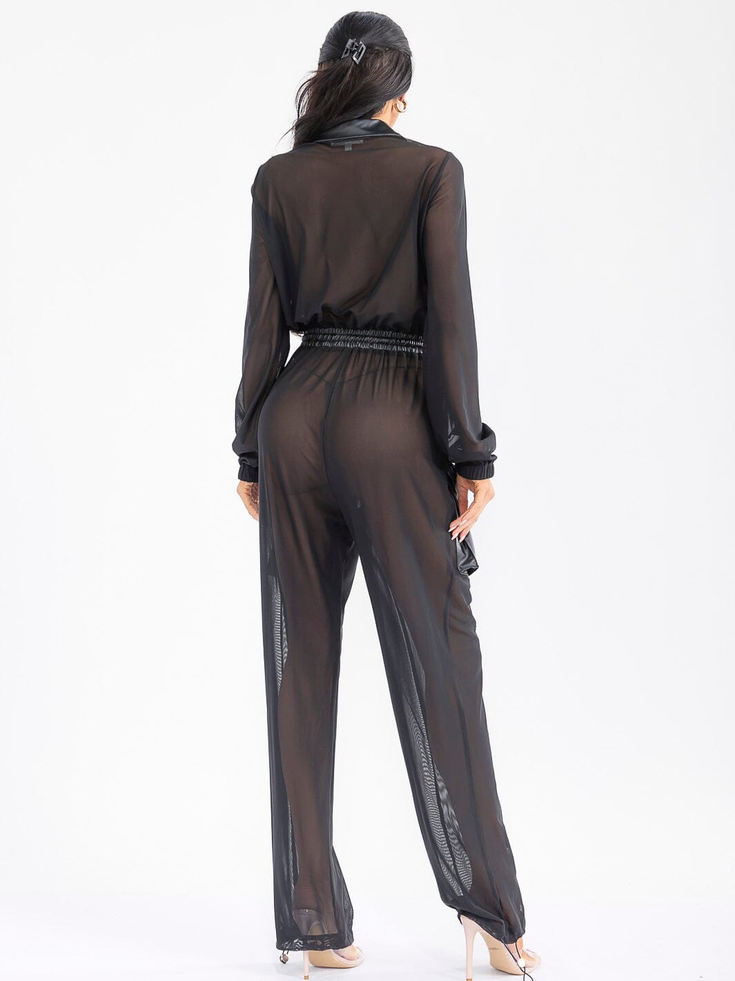 WOMEN'S LONG SLEEVE ZIP UP POCKETS ELASTIC WAIST MESH CONTRAST JUMPSUIT