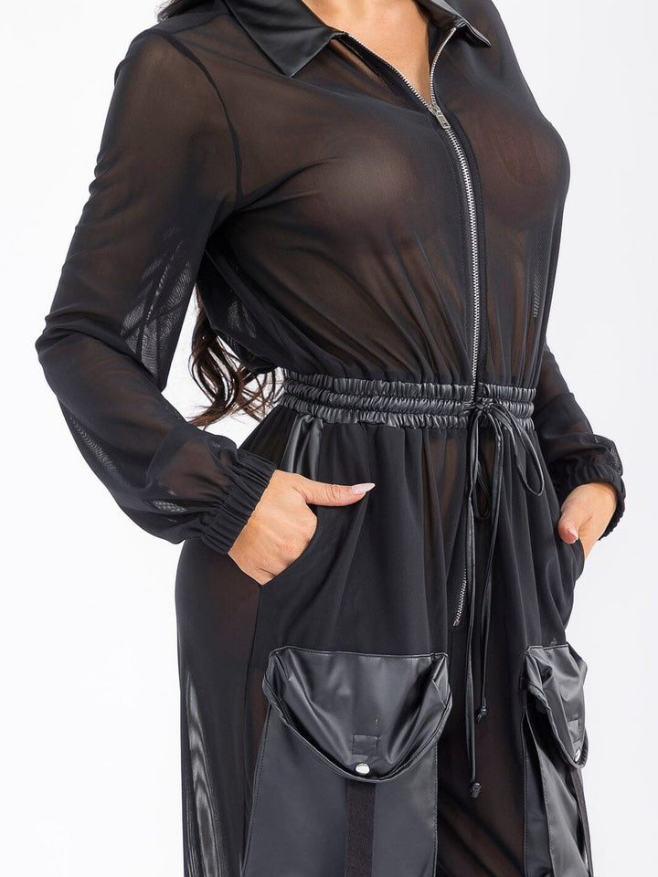 WOMEN'S LONG SLEEVE ZIP UP POCKETS ELASTIC WAIST MESH CONTRAST JUMPSUIT