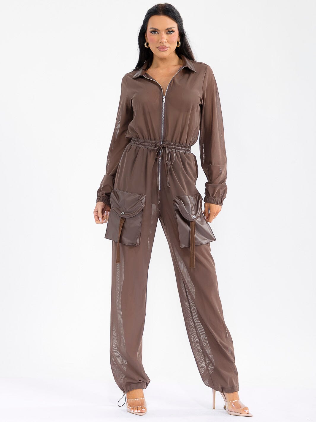 WOMEN'S LONG SLEEVE ZIP UP POCKETS ELASTIC WAIST MESH CONTRAST JUMPSUIT
