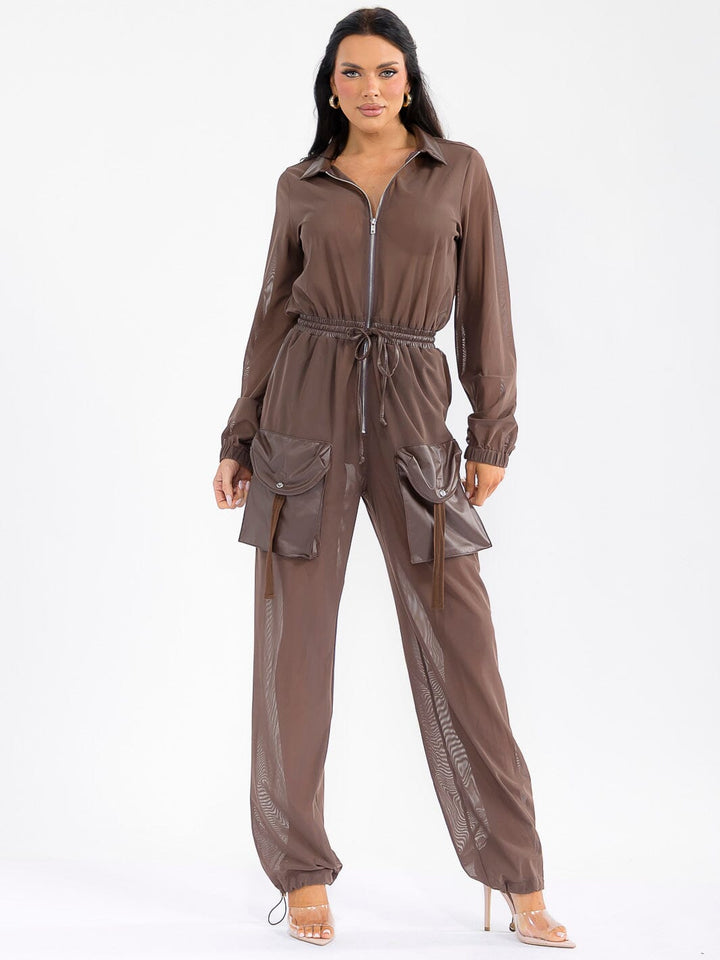 WOMEN'S LONG SLEEVE ZIP UP POCKETS ELASTIC WAIST MESH CONTRAST JUMPSUIT