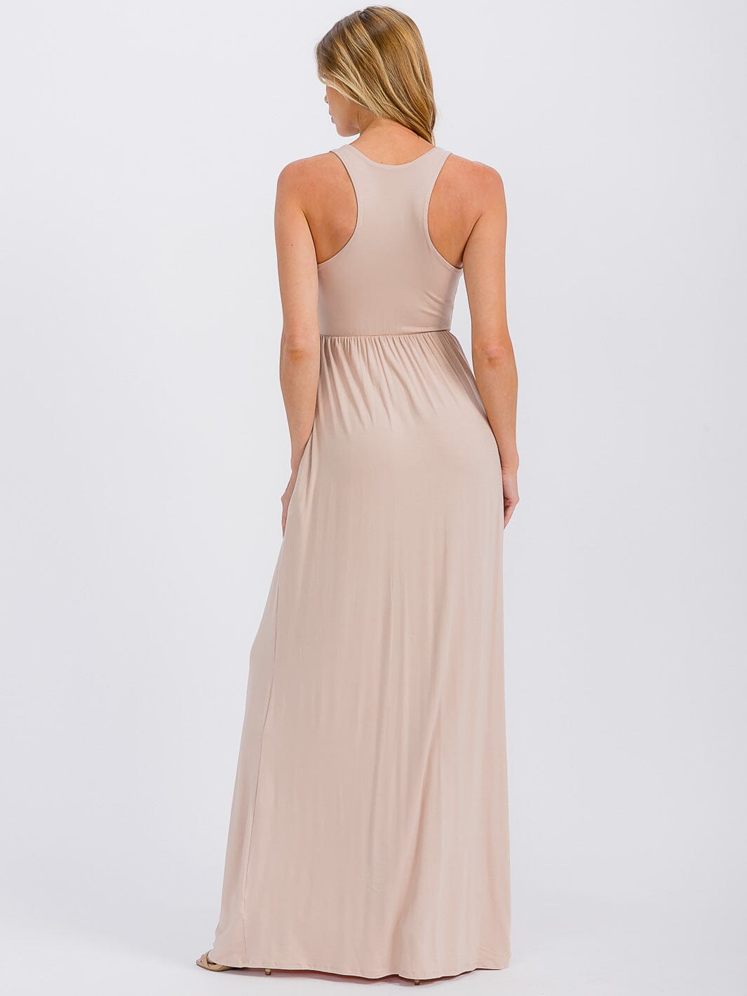 WOMEN'S SLEEVELESS ELASTIC WAIST FRONT POCKETS MAXI DRESS