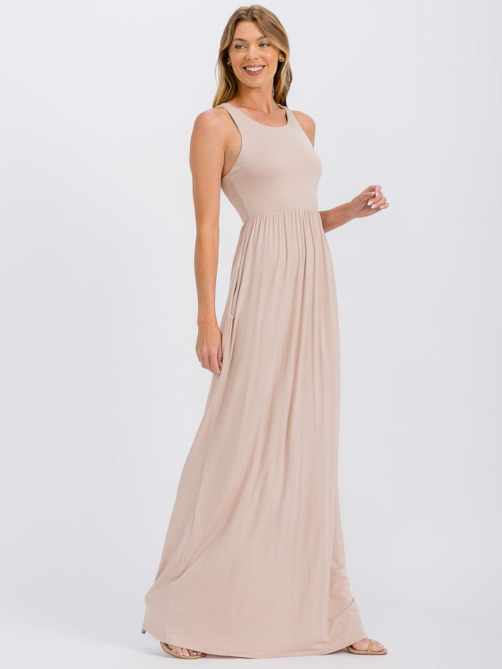 WOMEN'S SLEEVELESS ELASTIC WAIST FRONT POCKETS MAXI DRESS