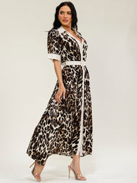 WOMEN'S SHORT SLEEVES BUTTON UP BELTED ANIMAL PRINT MAXI DRESS