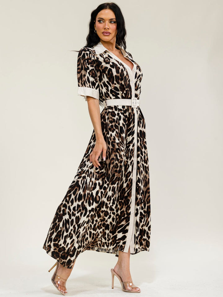 WOMEN'S SHORT SLEEVES BUTTON UP BELTED ANIMAL PRINT MAXI DRESS