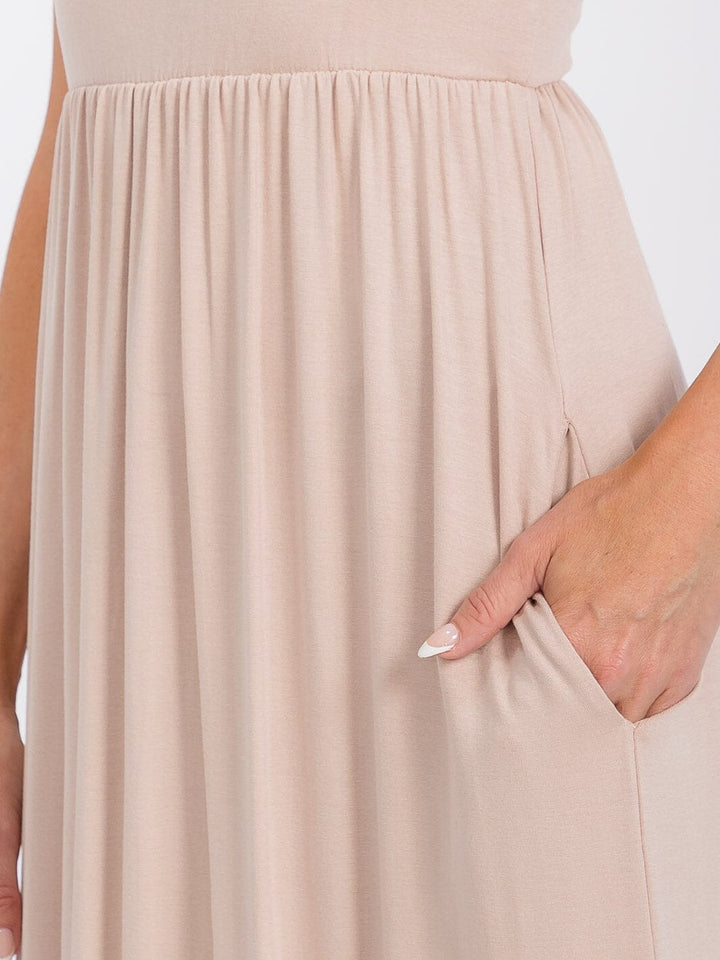 WOMEN'S SLEEVELESS ELASTIC WAIST FRONT POCKETS MAXI DRESS
