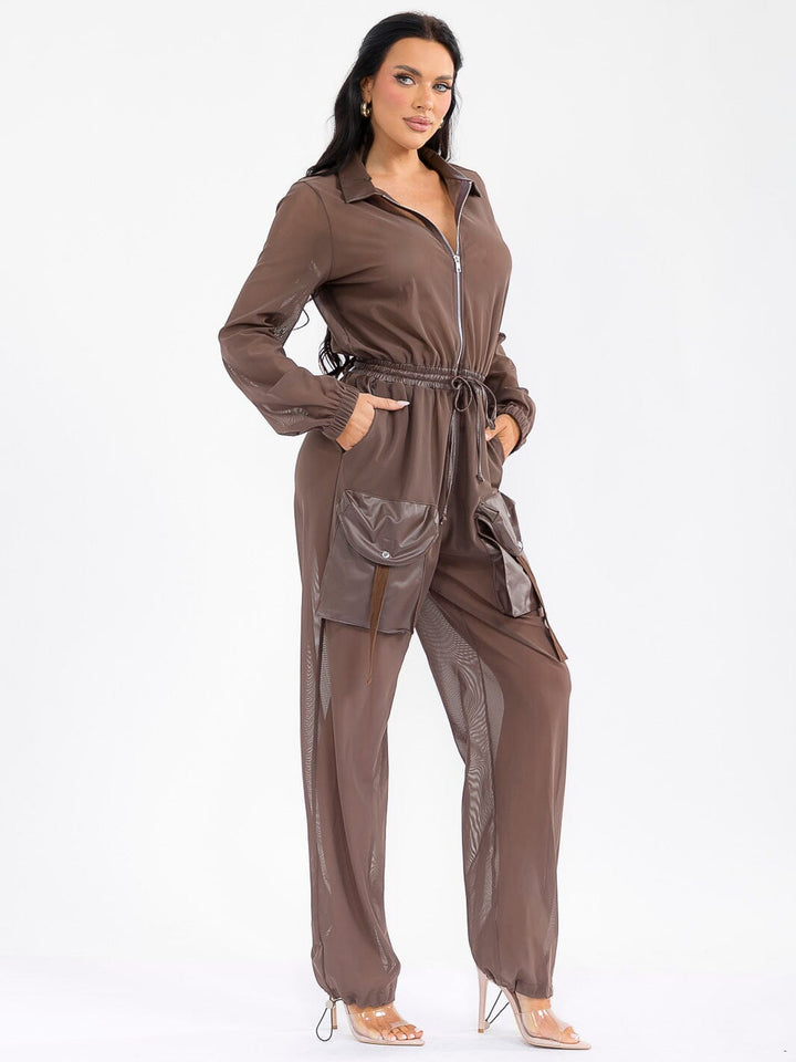 WOMEN'S LONG SLEEVE ZIP UP POCKETS ELASTIC WAIST MESH CONTRAST JUMPSUIT
