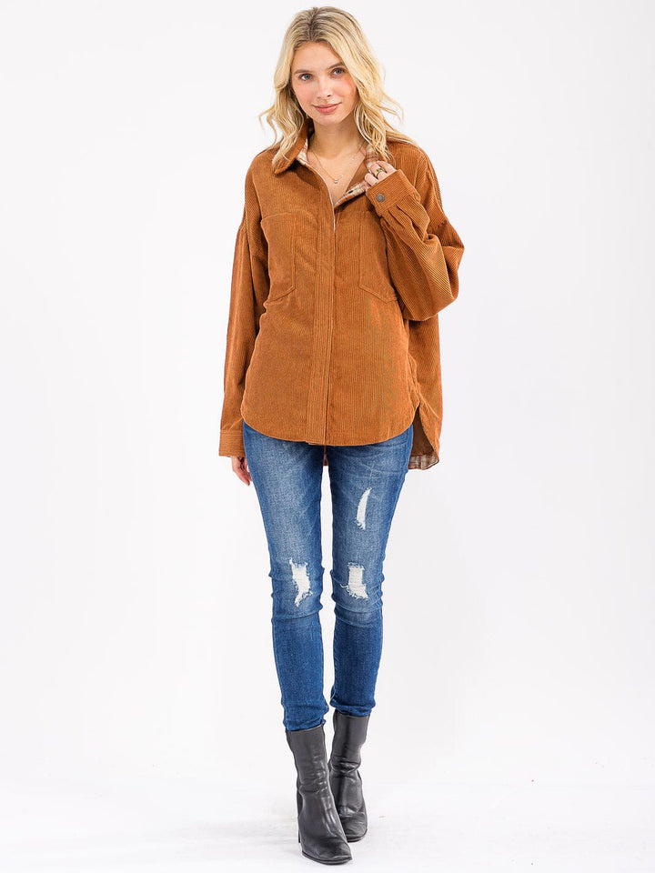 WOMEN'S LONG SLEEVE BUTTON UP FRONT POCKET CORDUROY SHACKET