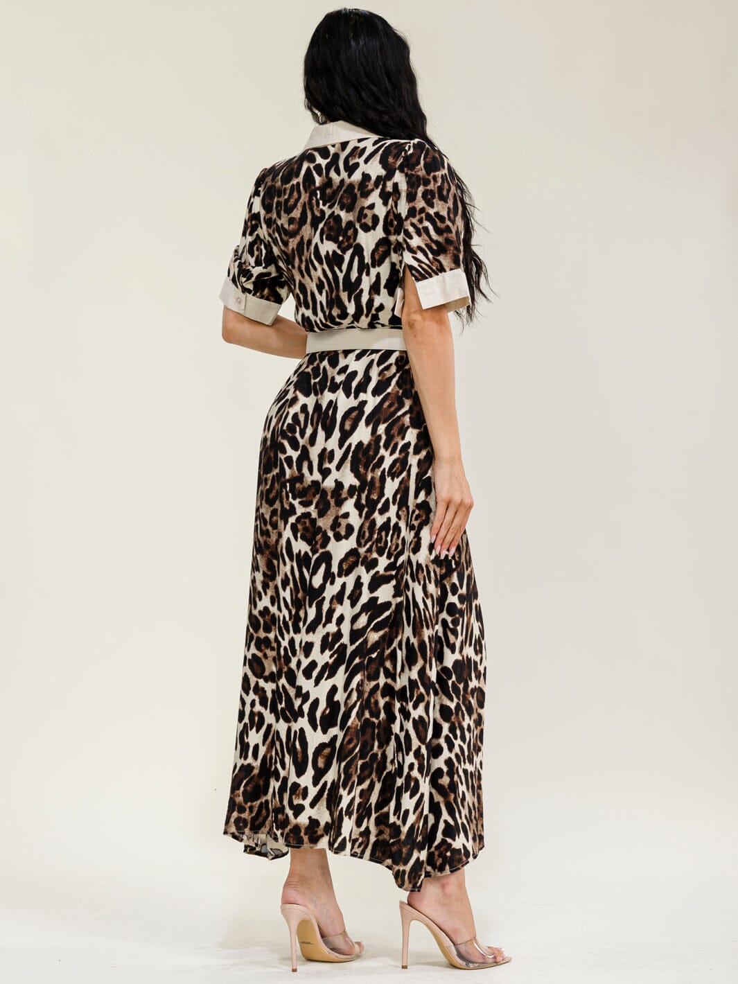 WOMEN'S SHORT SLEEVES BUTTON UP BELTED ANIMAL PRINT MAXI DRESS