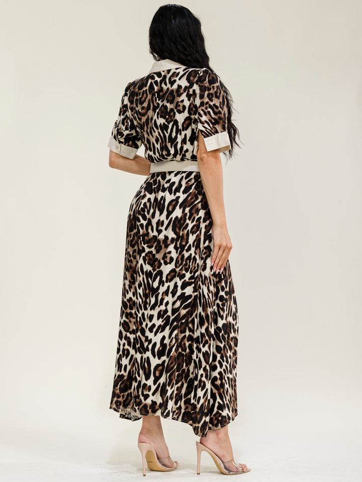 WOMEN'S SHORT SLEEVES BUTTON UP BELTED ANIMAL PRINT MAXI DRESS