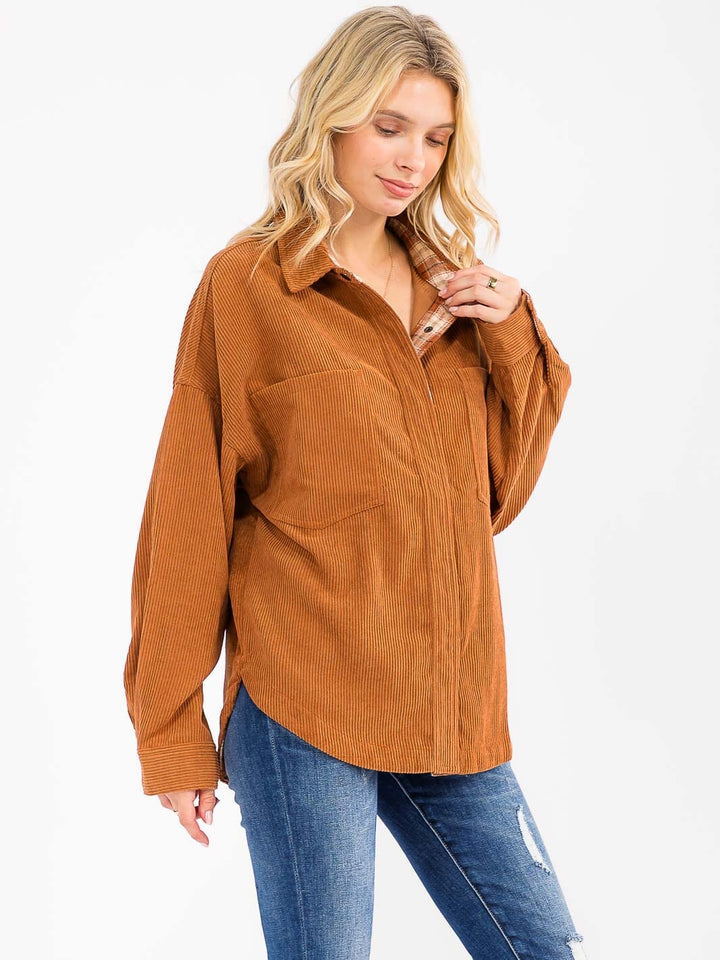 WOMEN'S LONG SLEEVE BUTTON UP FRONT POCKET CORDUROY SHACKET