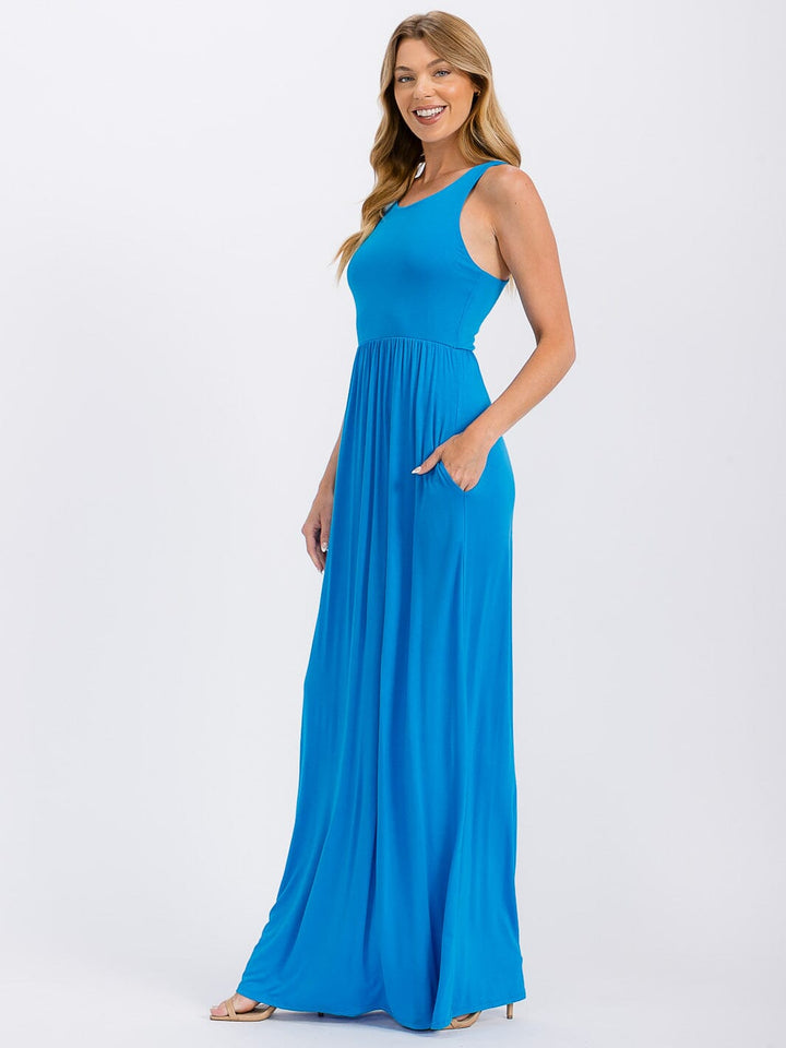 WOMEN'S SLEEVELESS ELASTIC WAIST FRONT POCKETS MAXI DRESS