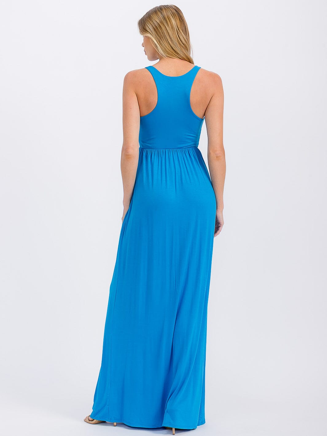 WOMEN'S SLEEVELESS ELASTIC WAIST FRONT POCKETS MAXI DRESS