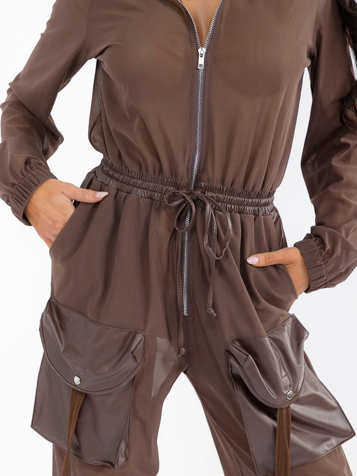WOMEN'S LONG SLEEVE ZIP UP POCKETS ELASTIC WAIST MESH CONTRAST JUMPSUIT
