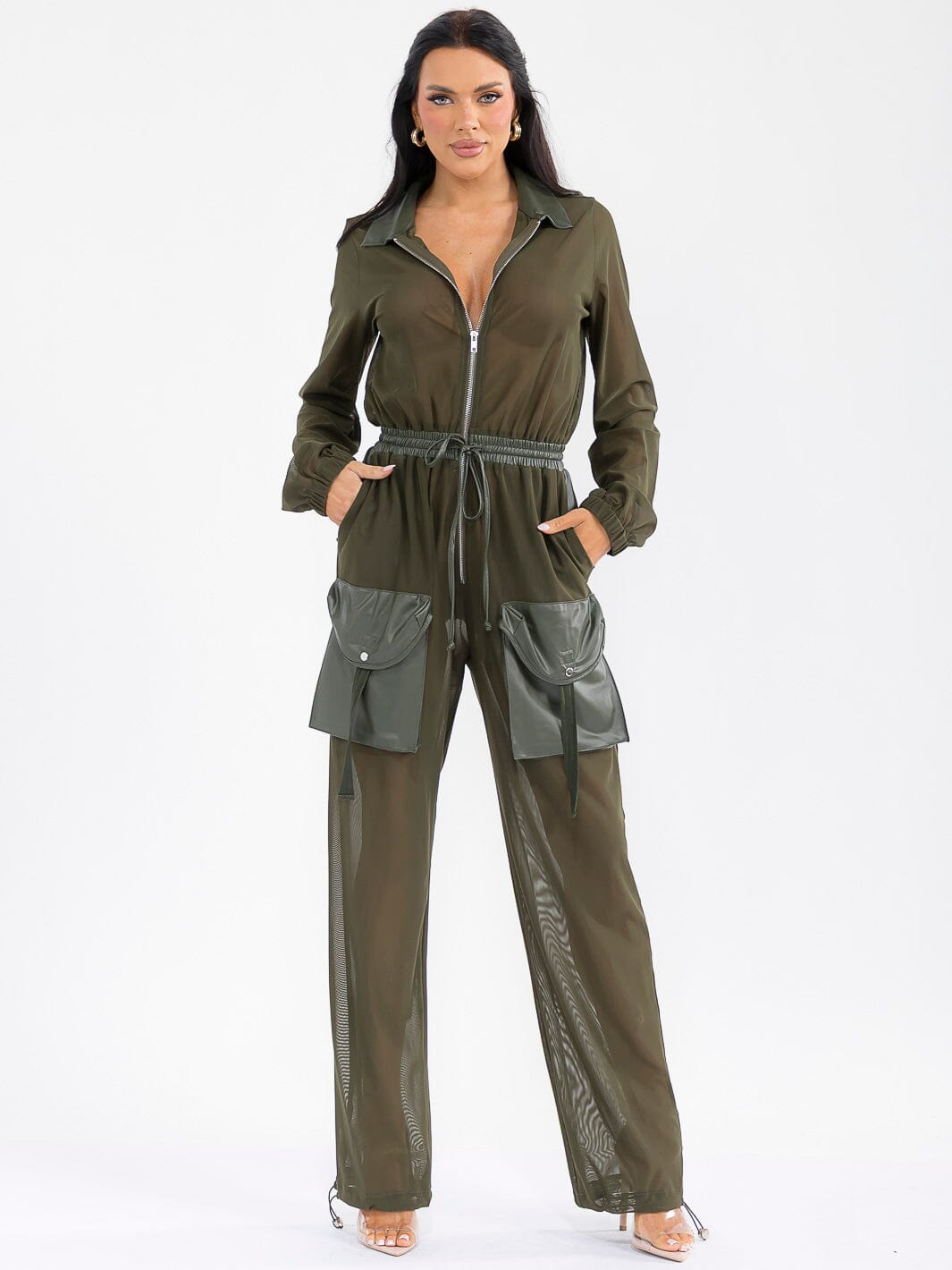 WOMEN'S LONG SLEEVE ZIP UP POCKETS ELASTIC WAIST MESH CONTRAST JUMPSUIT