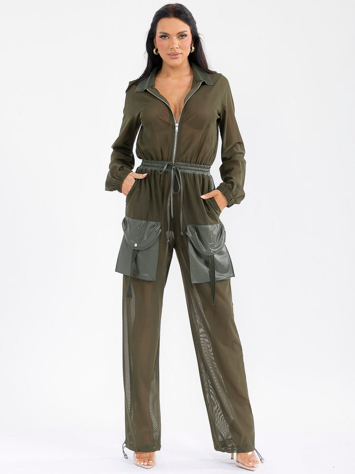 WOMEN'S LONG SLEEVE ZIP UP POCKETS ELASTIC WAIST MESH CONTRAST JUMPSUIT