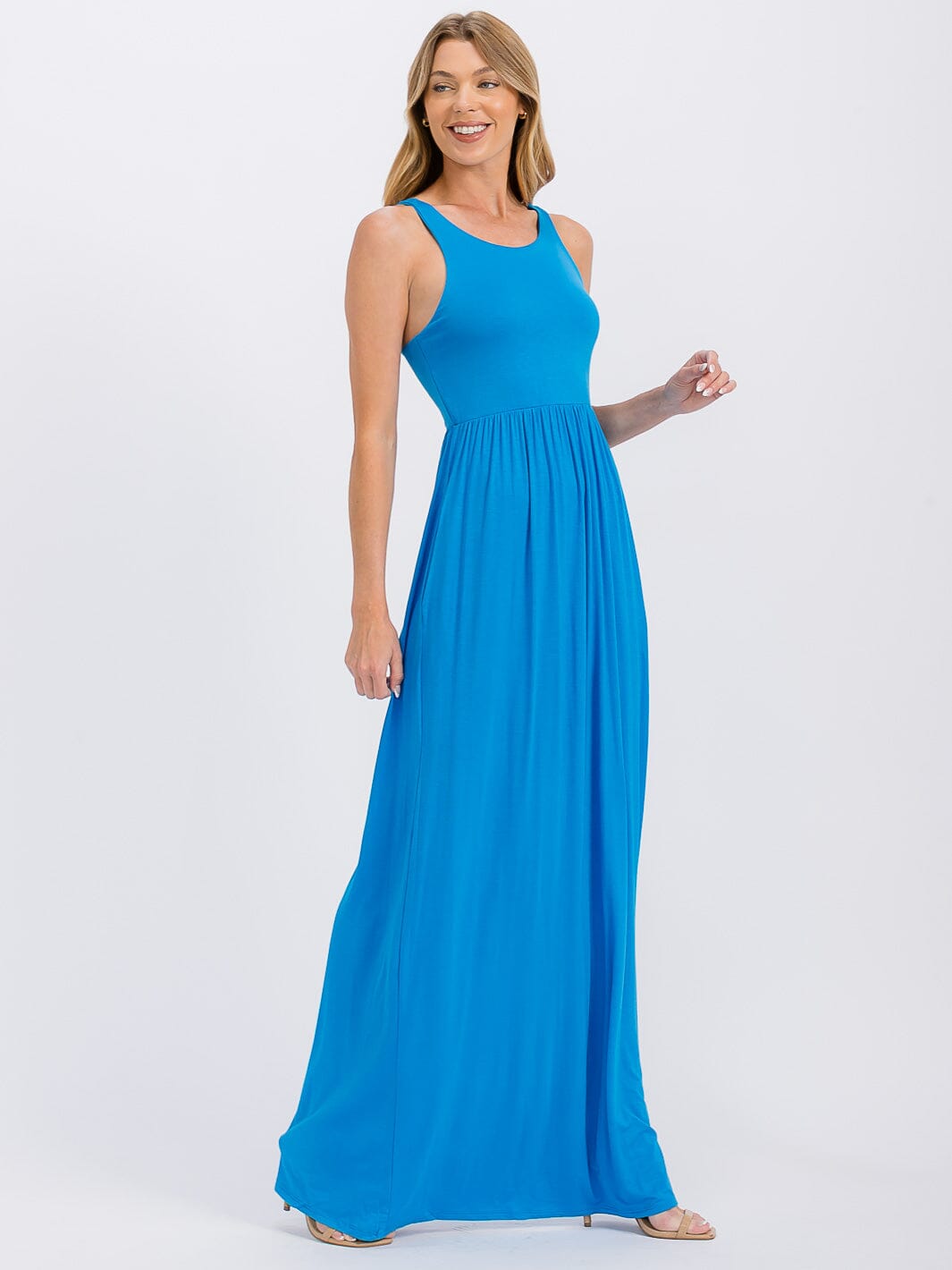 WOMEN'S SLEEVELESS ELASTIC WAIST FRONT POCKETS MAXI DRESS