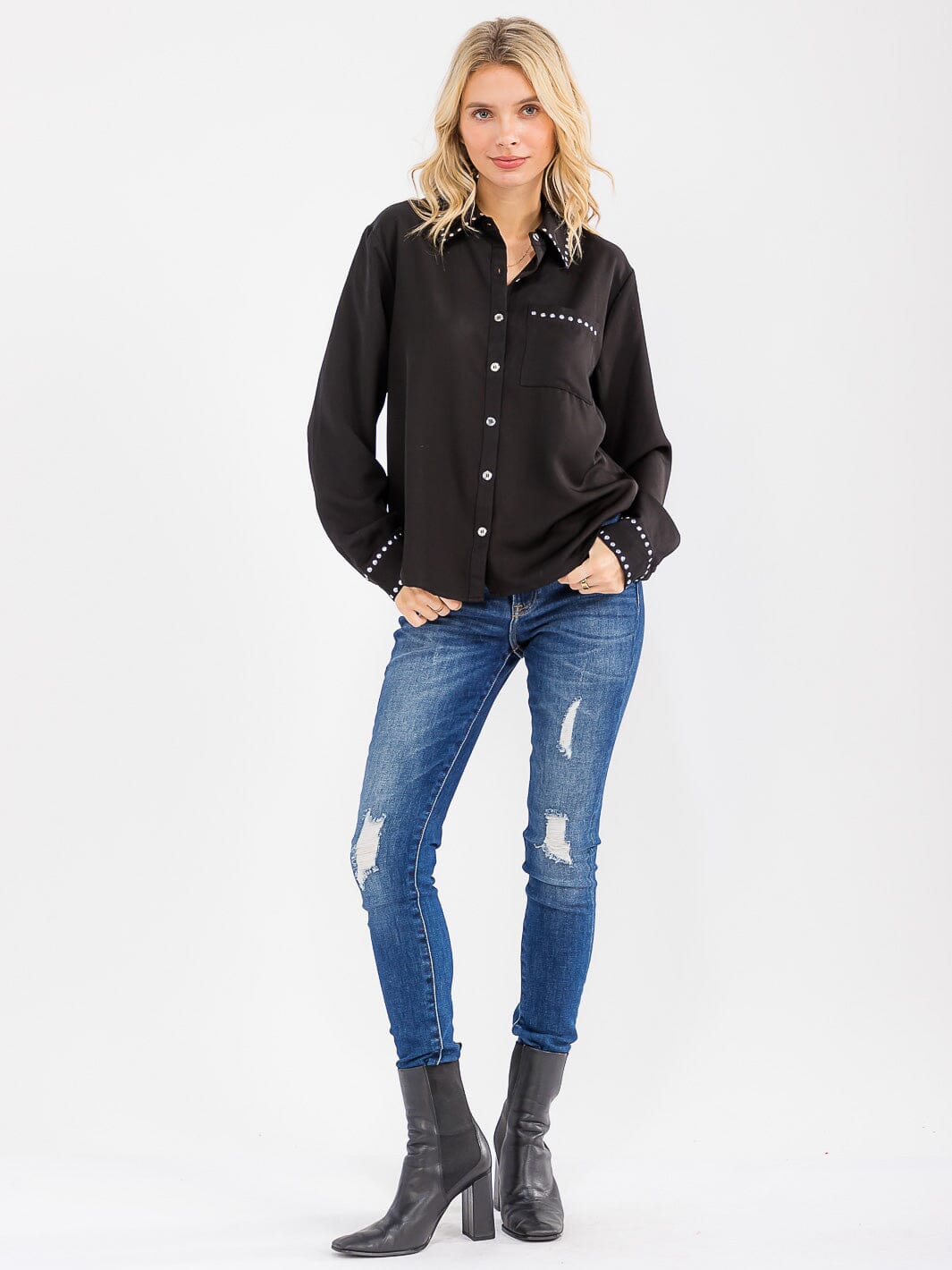 WOMEN'S LONG SLEEVE BUTTON UP FRONT POCKET STUDS BLOUSE