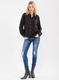 WOMEN'S LONG SLEEVE BUTTON UP FRONT POCKET STUDS BLOUSE
