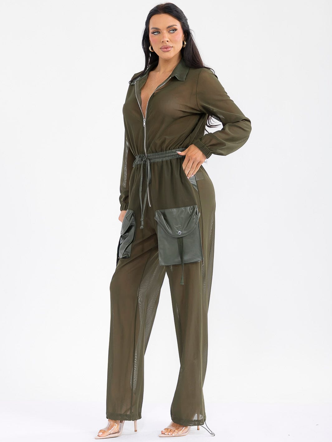 WOMEN'S LONG SLEEVE ZIP UP POCKETS ELASTIC WAIST MESH CONTRAST JUMPSUIT