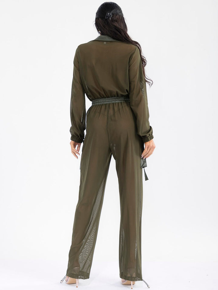 WOMEN'S LONG SLEEVE ZIP UP POCKETS ELASTIC WAIST MESH CONTRAST JUMPSUIT