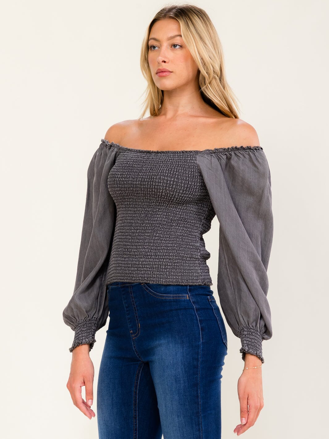 WOMEN'S LONG SLEEVE OFF SHOULDER SMOCK BLOUSE
