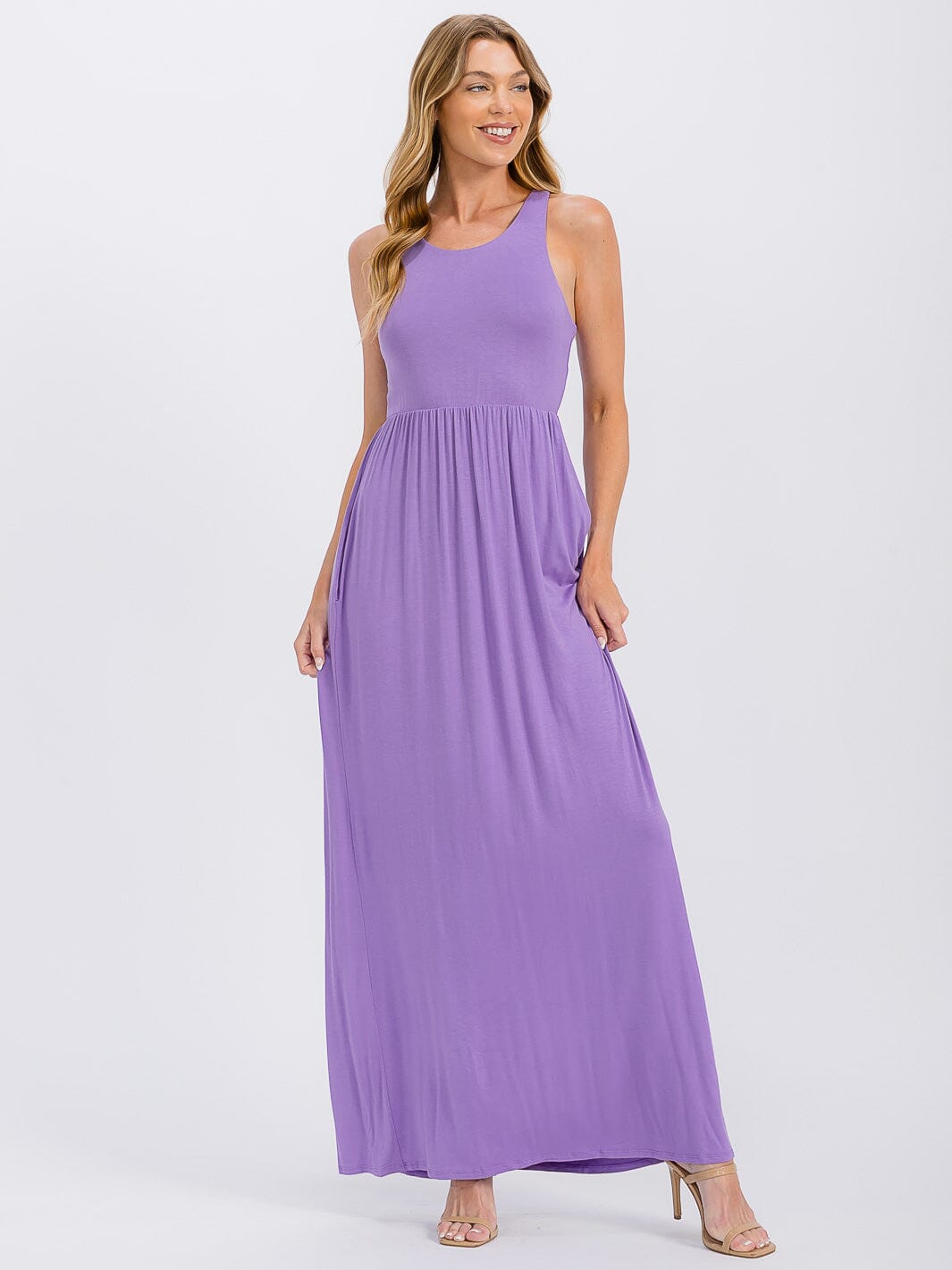 WOMEN'S SLEEVELESS ELASTIC WAIST FRONT POCKETS MAXI DRESS