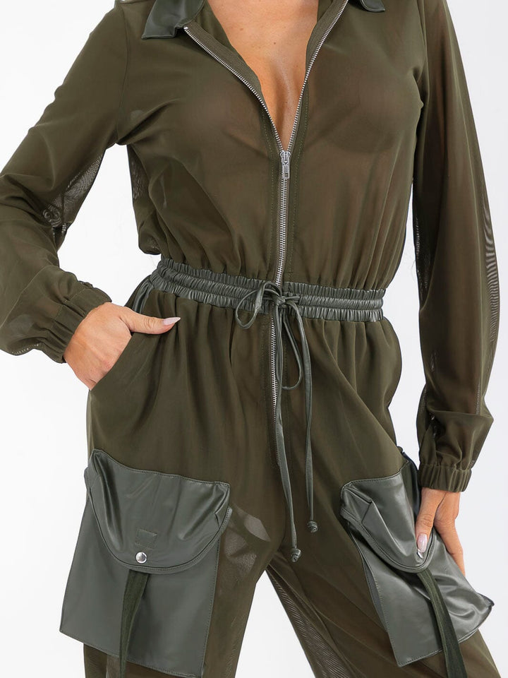 WOMEN'S LONG SLEEVE ZIP UP POCKETS ELASTIC WAIST MESH CONTRAST JUMPSUIT