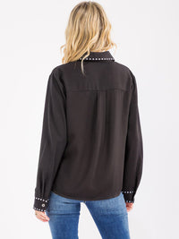 WOMEN'S LONG SLEEVE BUTTON UP FRONT POCKET STUDS BLOUSE