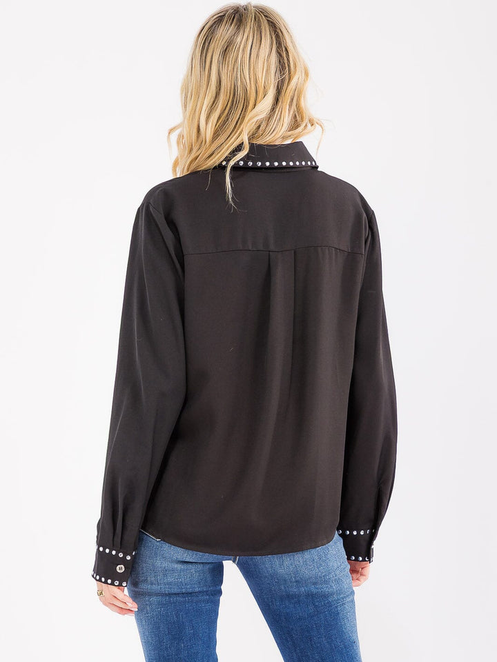 WOMEN'S LONG SLEEVE BUTTON UP FRONT POCKET STUDS BLOUSE