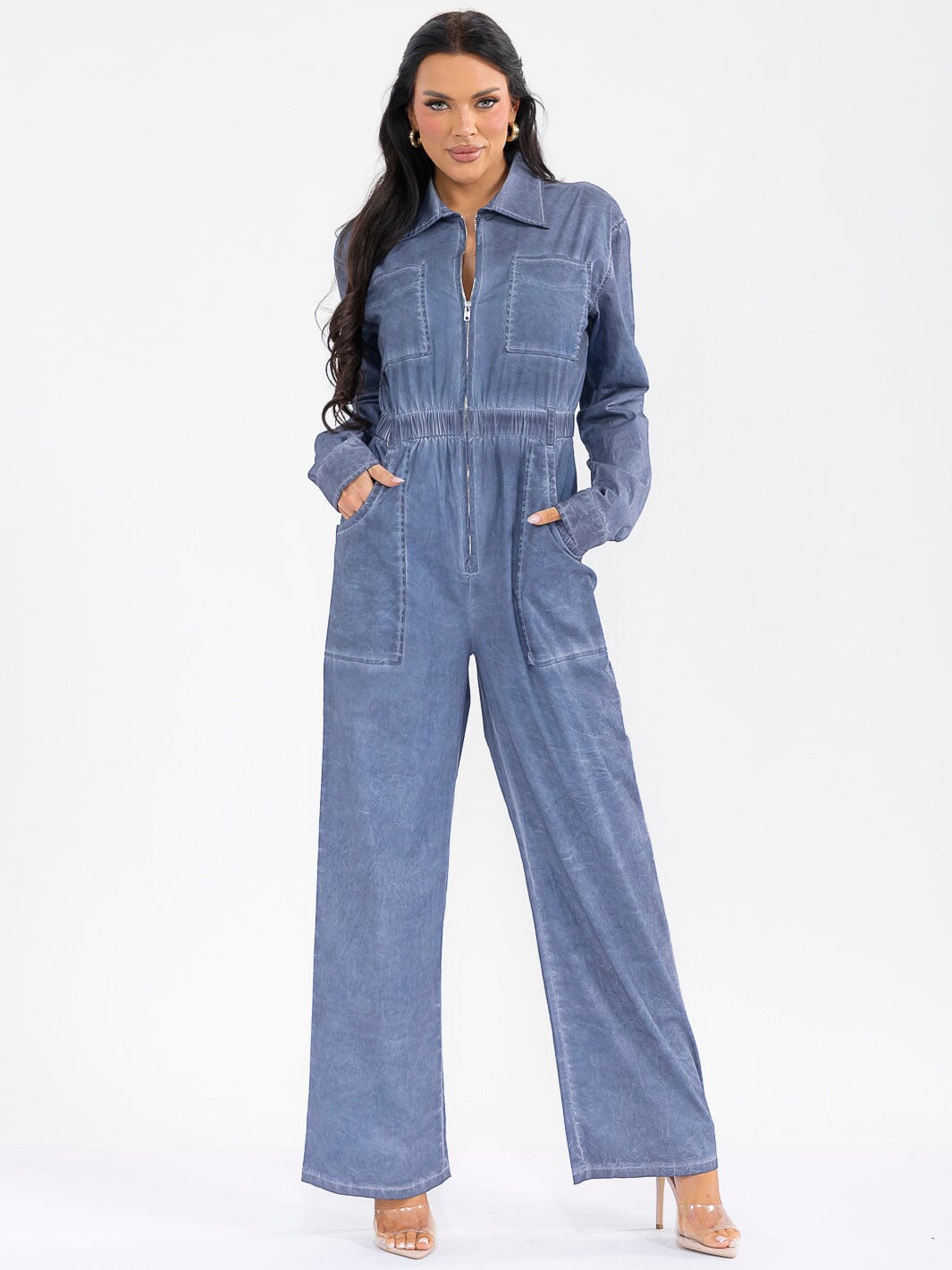 WOMEN'S LONG SLEEVE ZIP UP POCKETS ELASTIC WAIST STRETCH DENIM WASHED JUMPSUIT