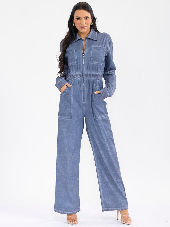 WOMEN'S LONG SLEEVE ZIP UP POCKETS ELASTIC WAIST STRETCH DENIM WASHED JUMPSUIT