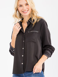 WOMEN'S LONG SLEEVE BUTTON UP FRONT POCKET STUDS BLOUSE