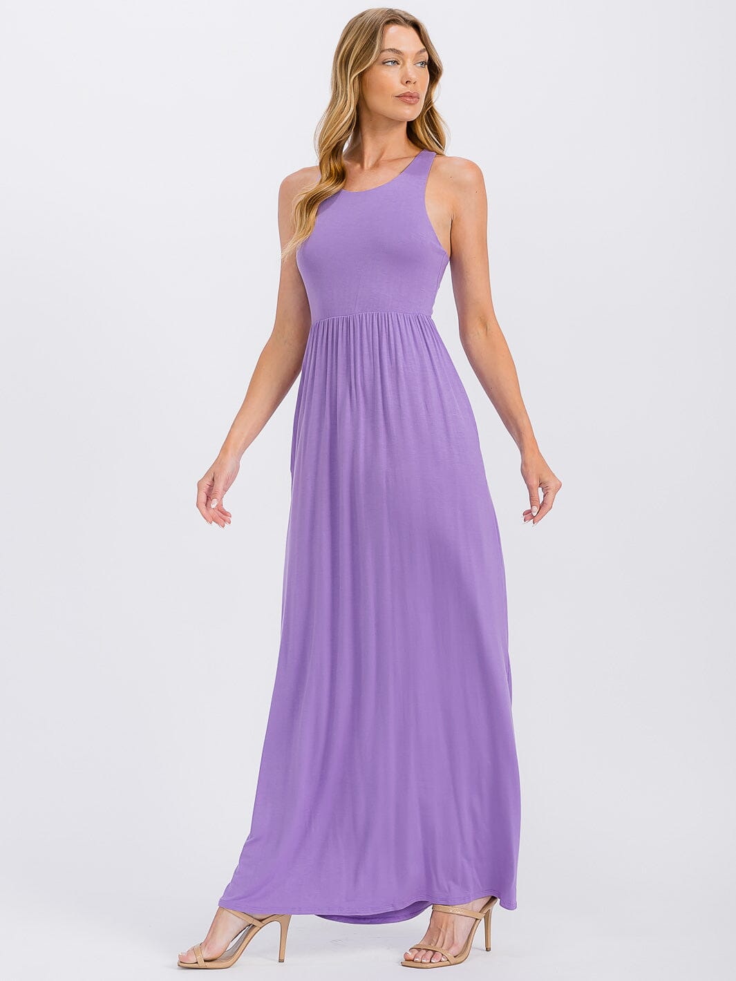 WOMEN'S SLEEVELESS ELASTIC WAIST FRONT POCKETS MAXI DRESS