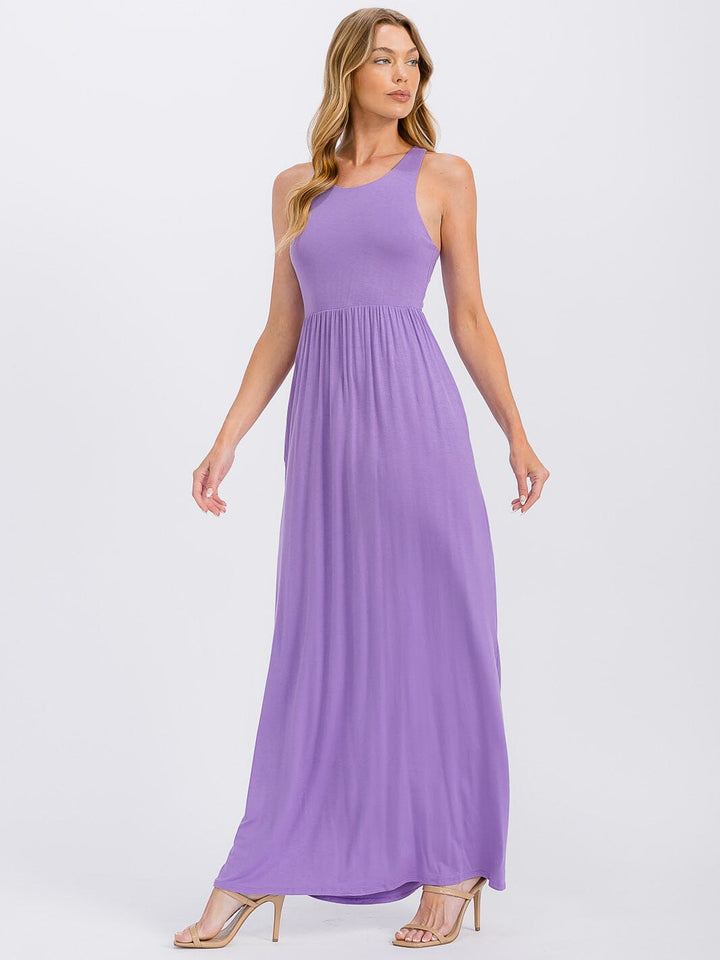 WOMEN'S SLEEVELESS ELASTIC WAIST FRONT POCKETS MAXI DRESS