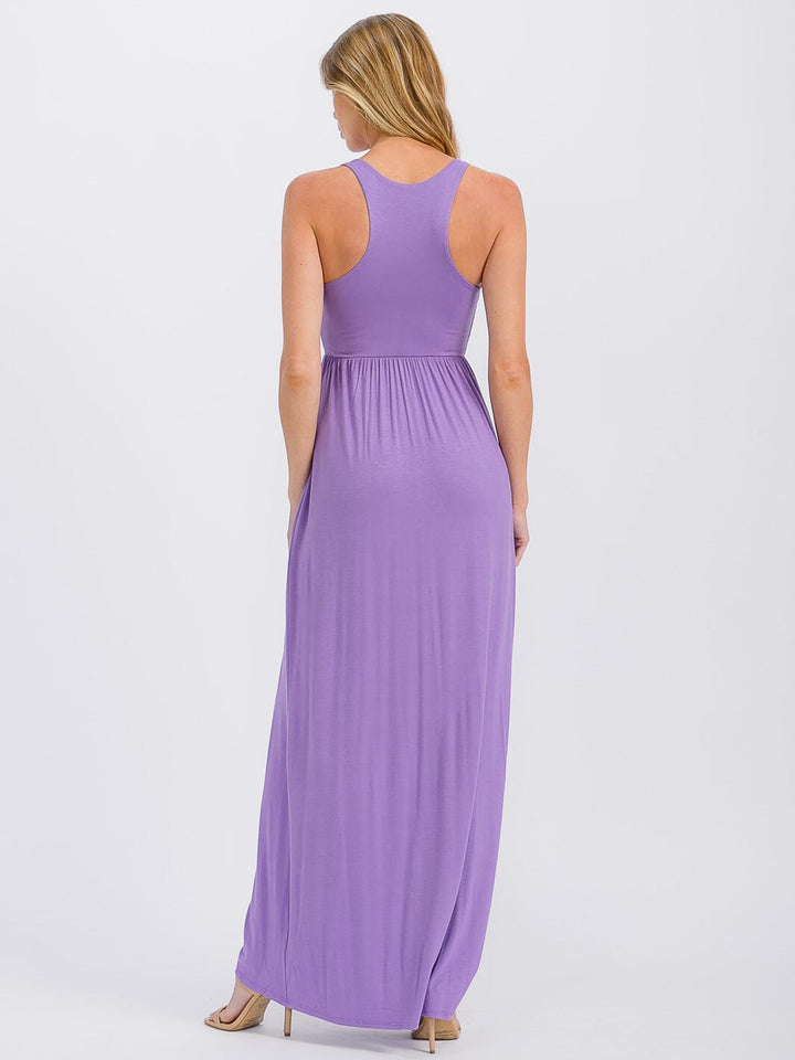 WOMEN'S SLEEVELESS ELASTIC WAIST FRONT POCKETS MAXI DRESS