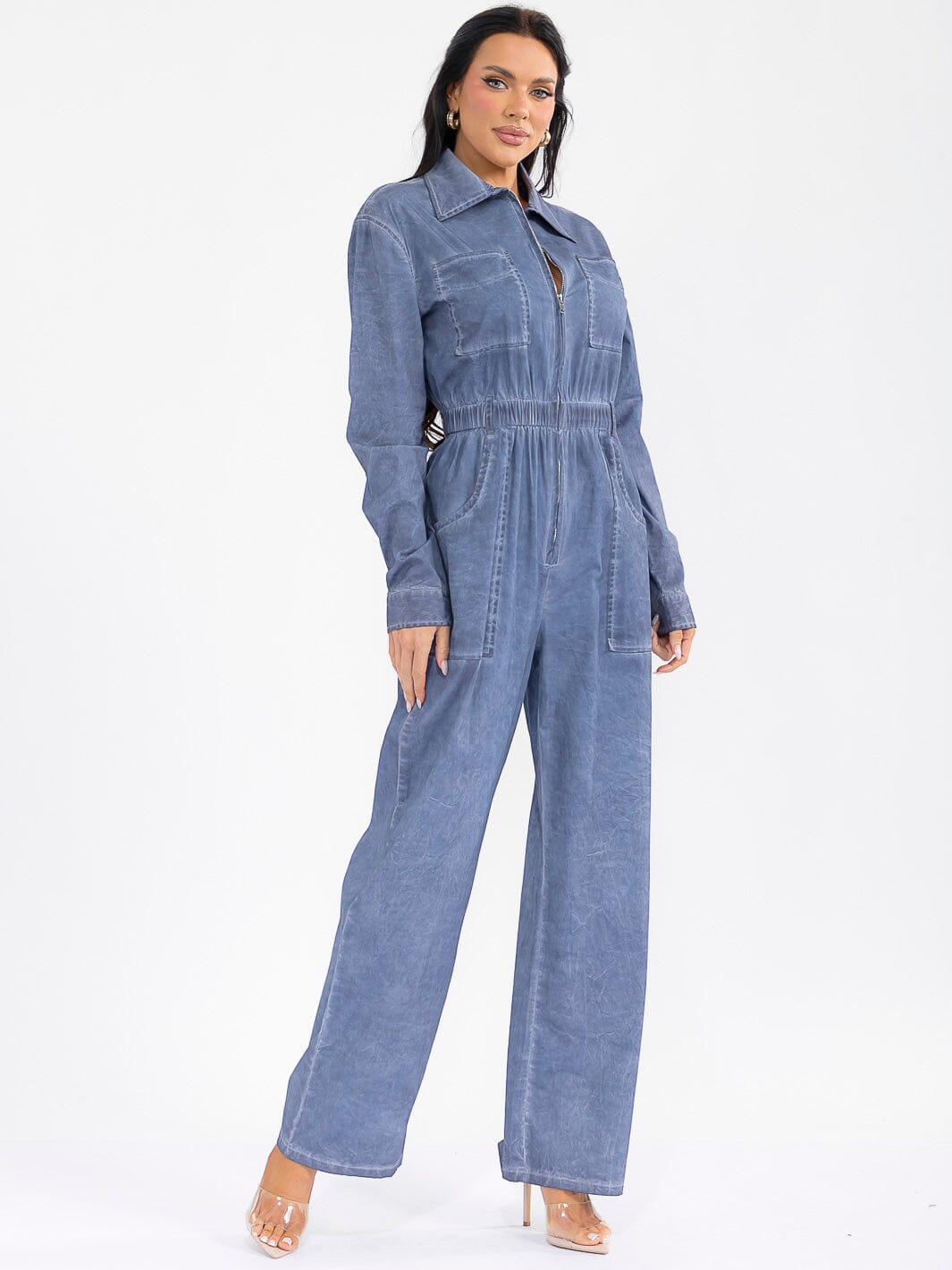 WOMEN'S LONG SLEEVE ZIP UP POCKETS ELASTIC WAIST STRETCH DENIM WASHED JUMPSUIT