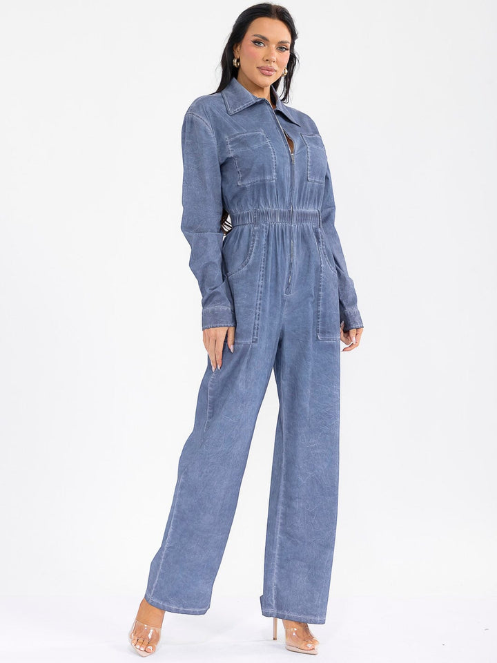 WOMEN'S LONG SLEEVE ZIP UP POCKETS ELASTIC WAIST STRETCH DENIM WASHED JUMPSUIT